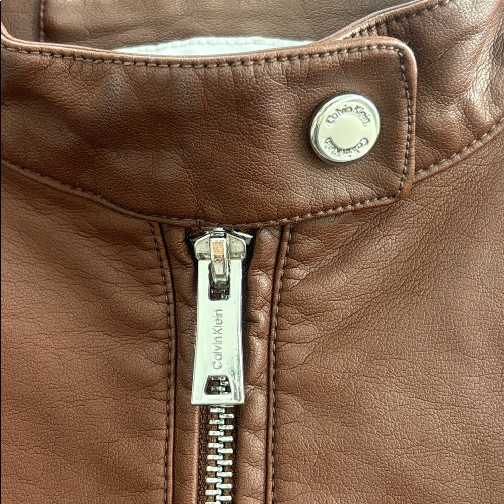 Calvin Klein Brown Leather Jacket Bomber Moto Bikercore Dress Coat Plus Size 1X - Picture 11 of 16